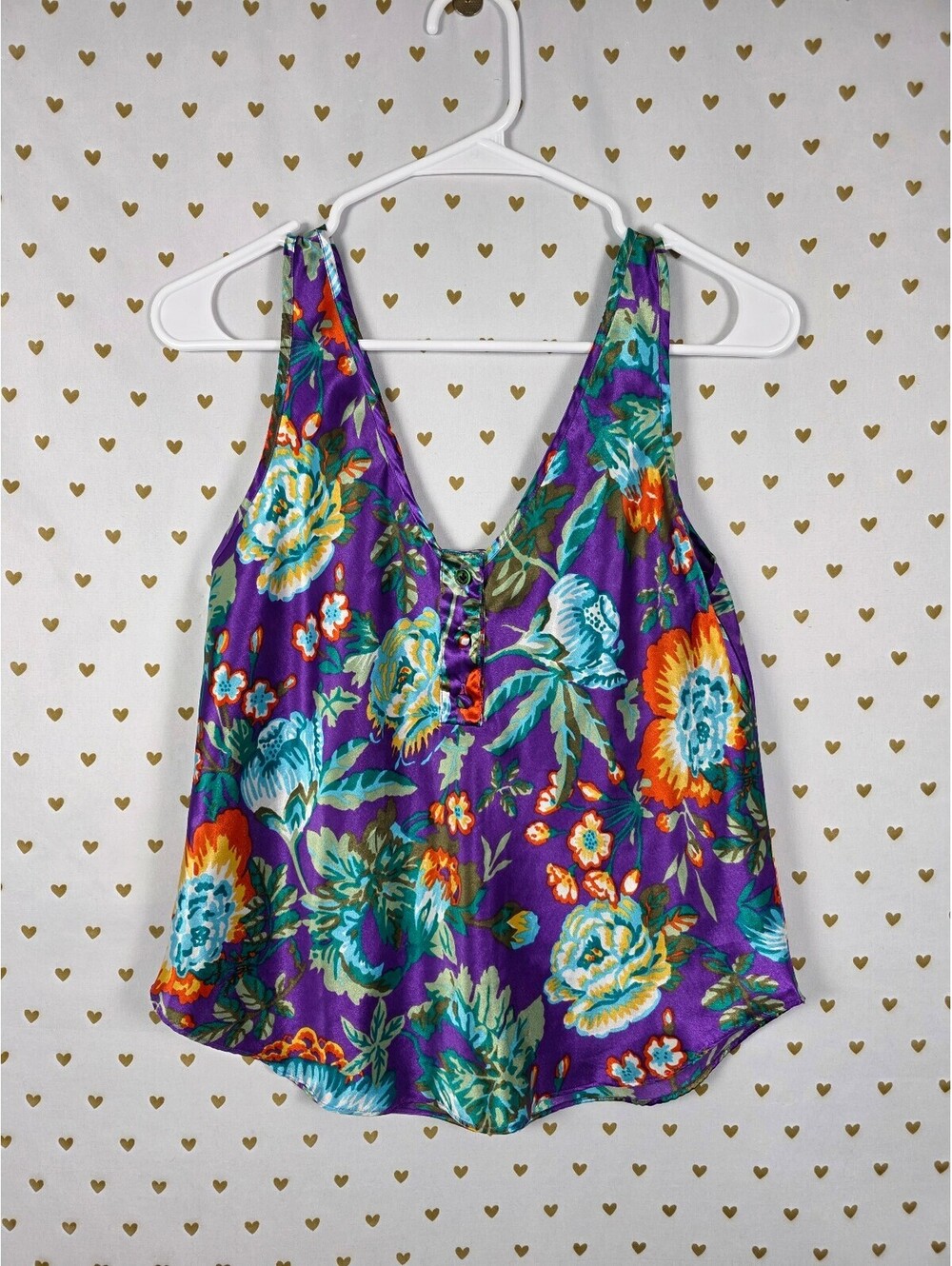 Victorias Secret Vintage gold Label satin Floral Tank Top V neck Cami Purple SM